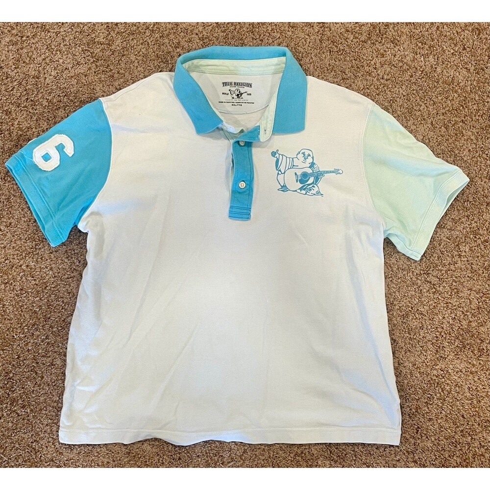 True Religion Mens XXL Polo Shirt Short Sleeve Colorblock Buddha 56 Blue 1038